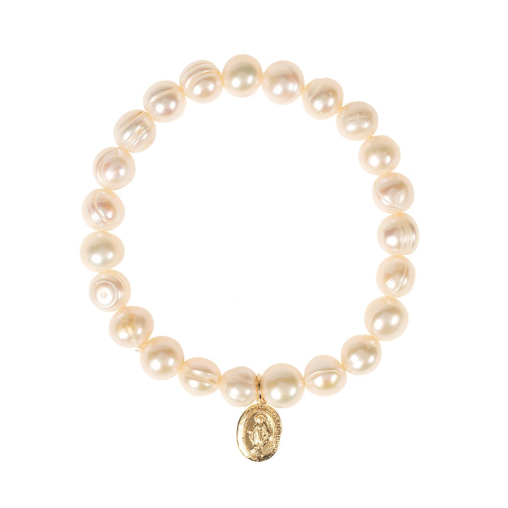 Freshwater Pearl & Gold Miraculous Medal Stretch Bracelet