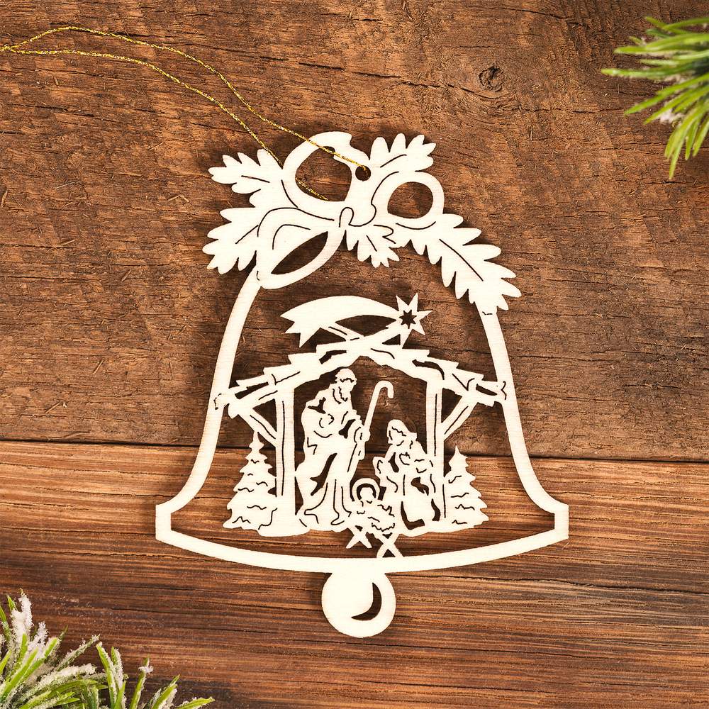 Natural Laser Cut Wood Bell & Nativity Ornament