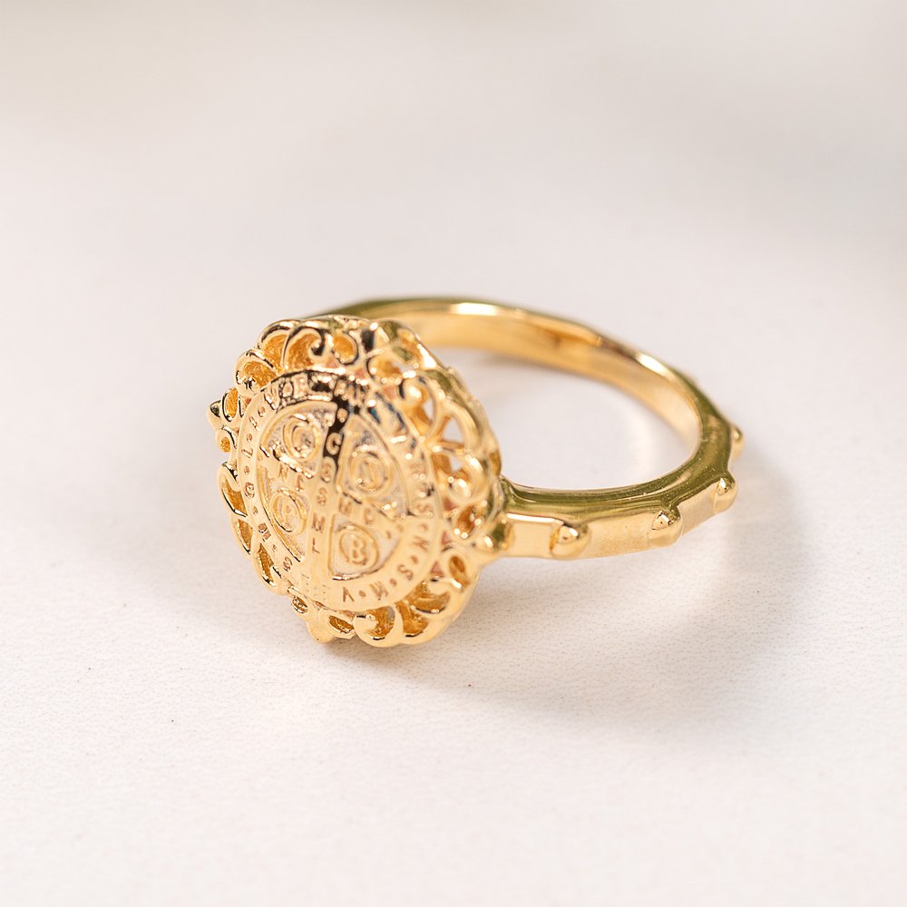Gold Over Sterling Silver St. Benedict Filigree Rosary Ring