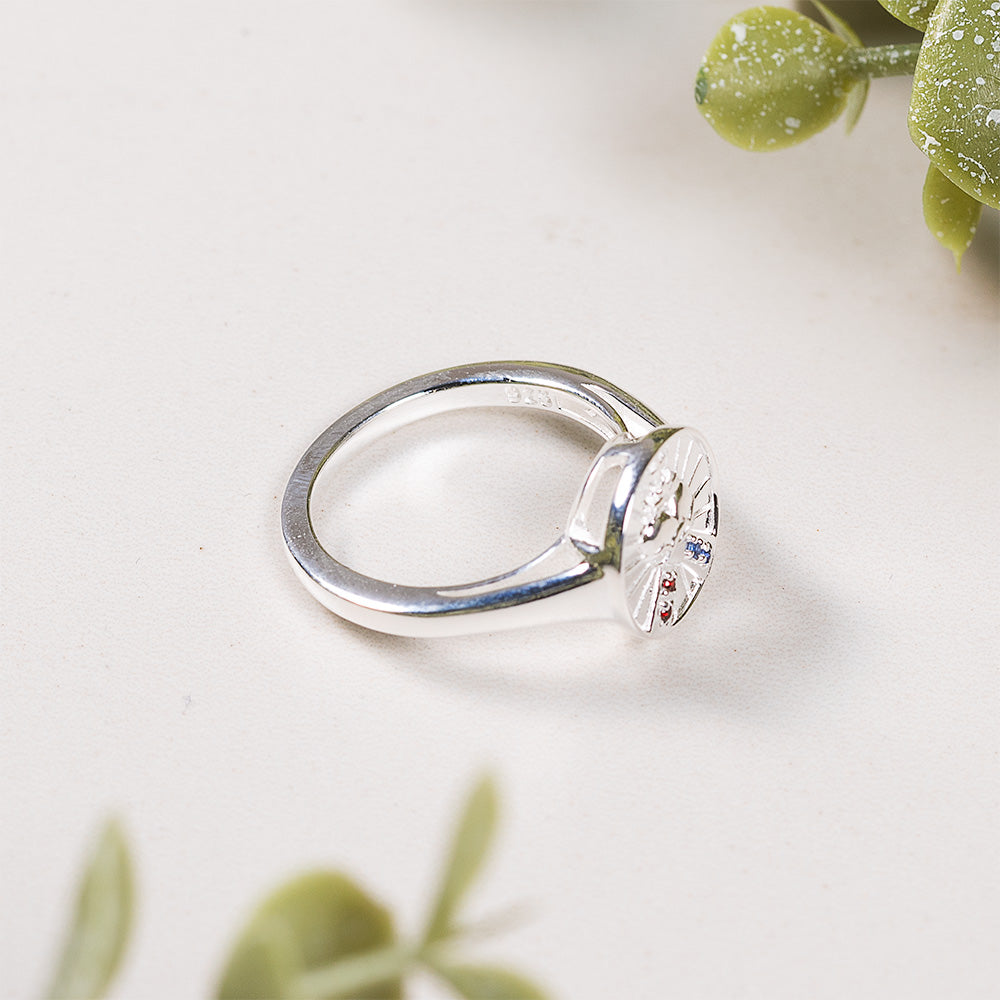 Sterling Silver Sapphire & Garnet Sacred Heart & Divine Mercy Ring