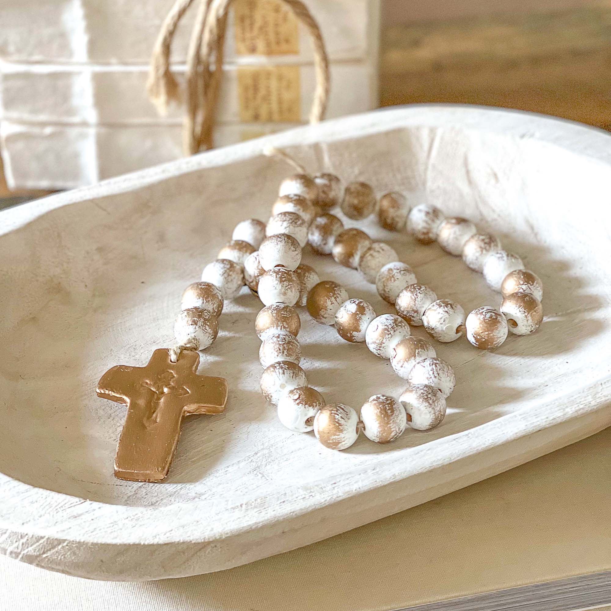 Large Strand White & Gold Leaf Blessing Beads