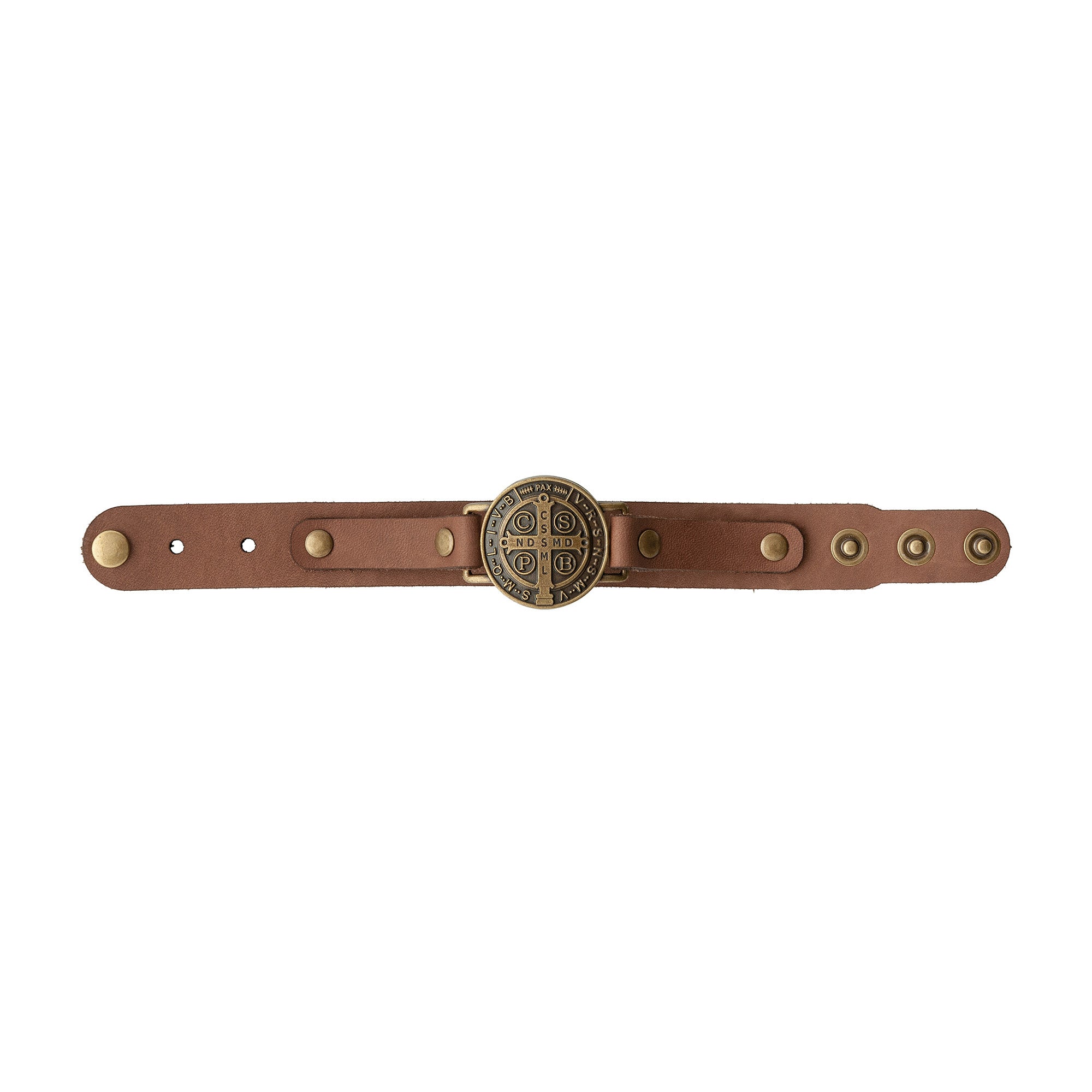 Leather bracelet with St. Benedict medal charm and adjustable snap closure; brown and bronze tones.