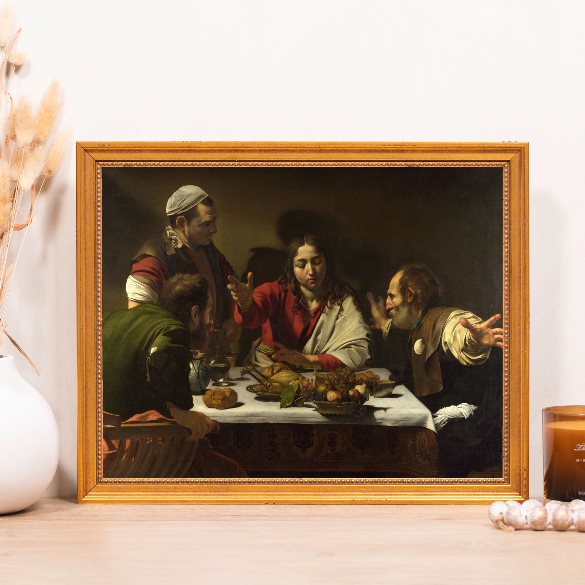 Framed print depicts Jesus and apostles, oil on canvas, gold frame, renaissance style.