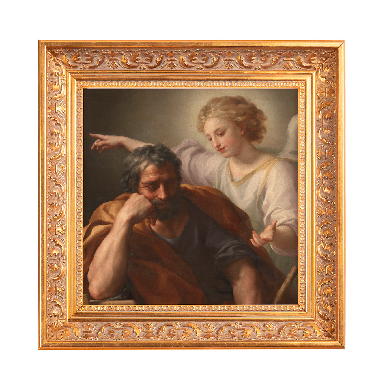 Framed artwork of an angel speaking to a man, with a detailed gold-colored frame.