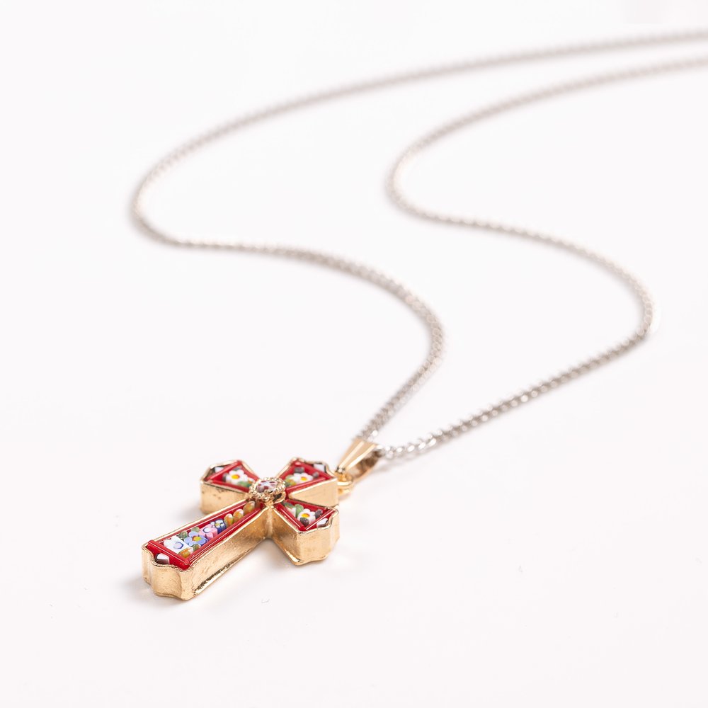 Gold & Floral Mosaic Cross Necklace