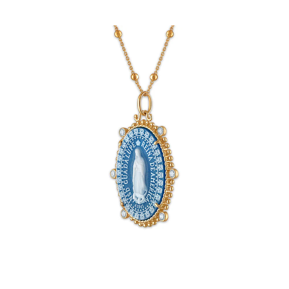 Blue Stone Cameo Our Lady of Guadalupe Necklace