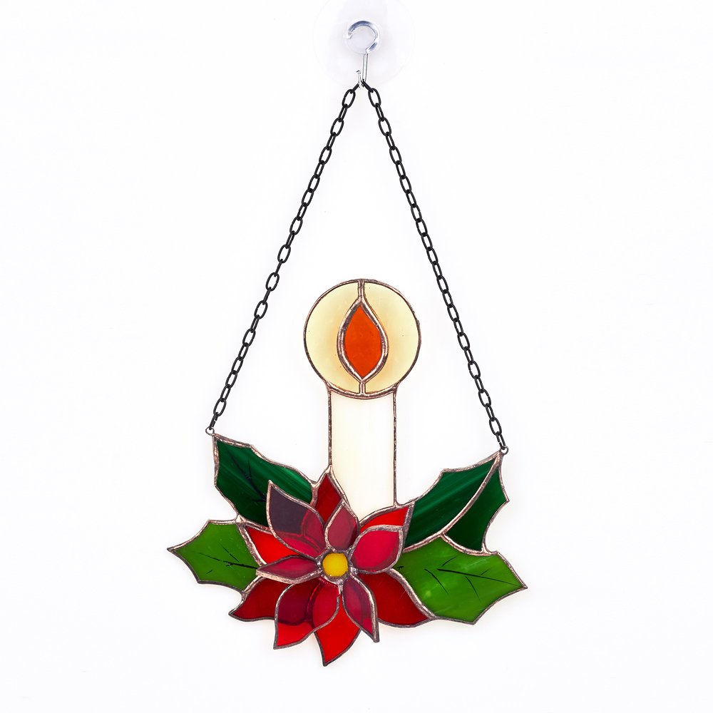 Handcrafted Christmas Poinsettia Candle Stained Glass Suncatcher