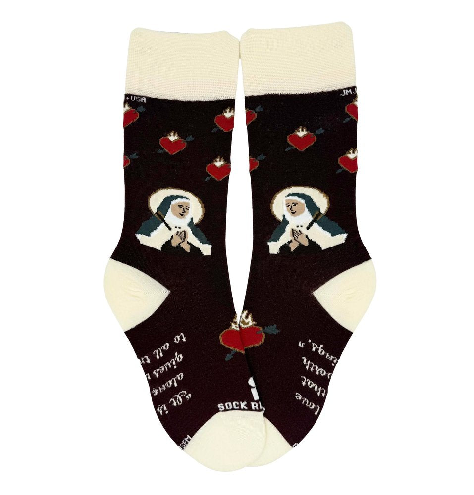 Pair of socks. Burgundy with beige accents, decorated with red hearts and white-clad figures.