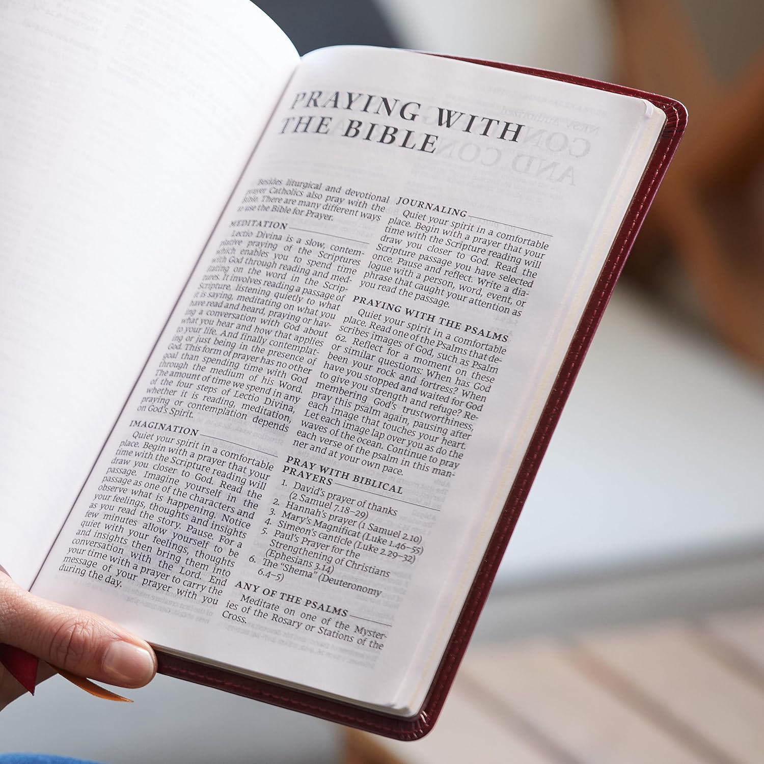 Open book titled "Praying With the Bible", showing text on white pages with a burgundy cover in someone's hands.
