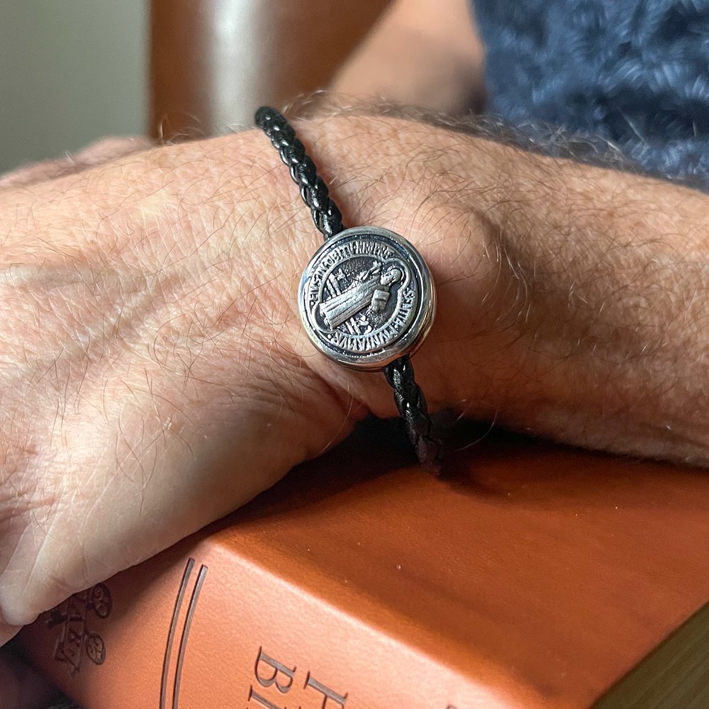 Black Braided Leather St. Benedict Medal Bracelet