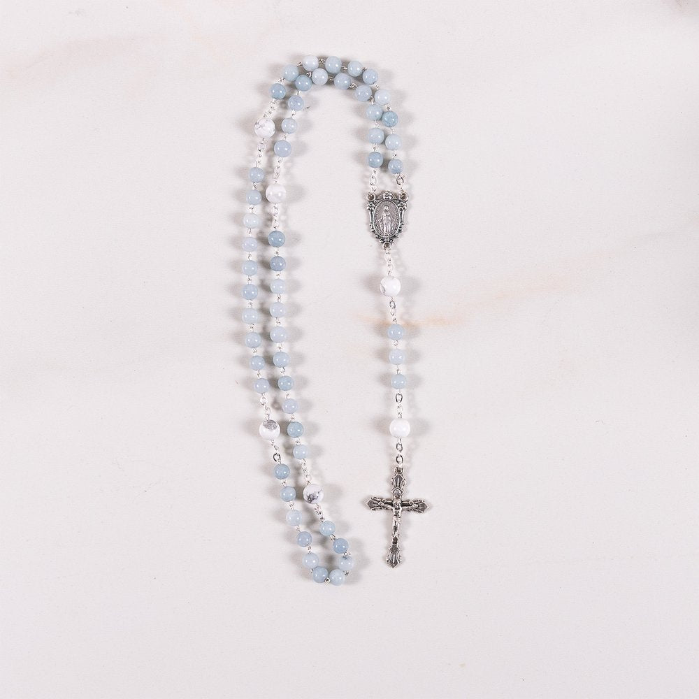 Blue Gray Angelite & Aulite Miraculous Medal Gemstone Rosary