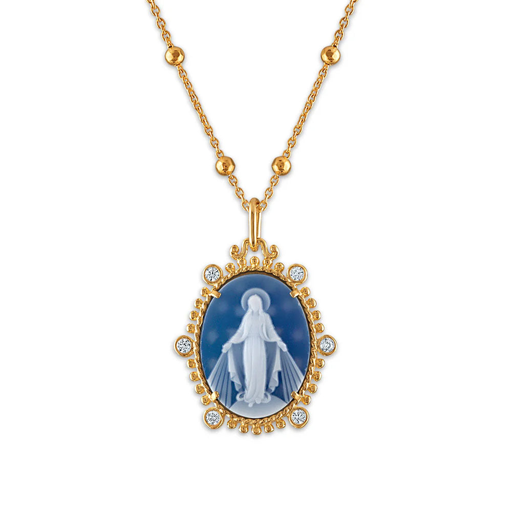 Religious necklace, gold chain with blue cameo pendant of a woman, embellished with crystals.