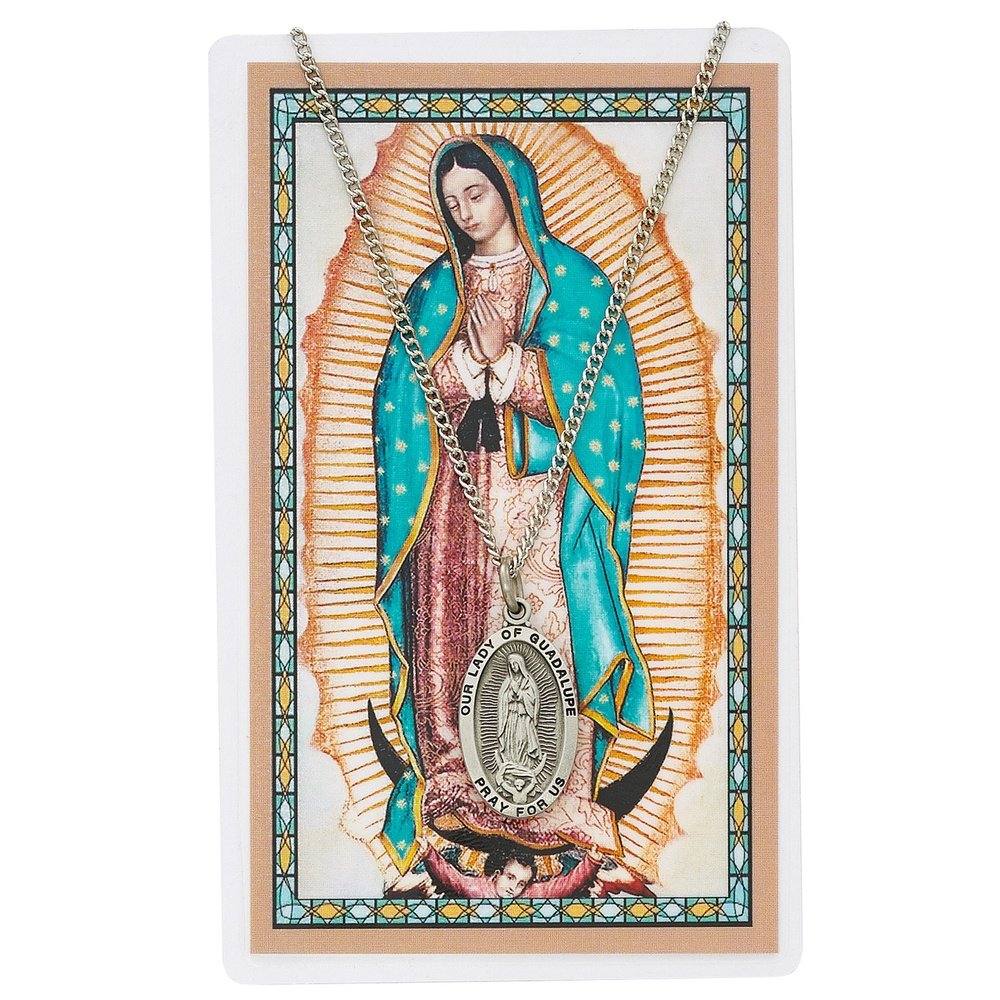 Our Lady of Guadalupe Pewter Necklace with Spanish Prayer Card
