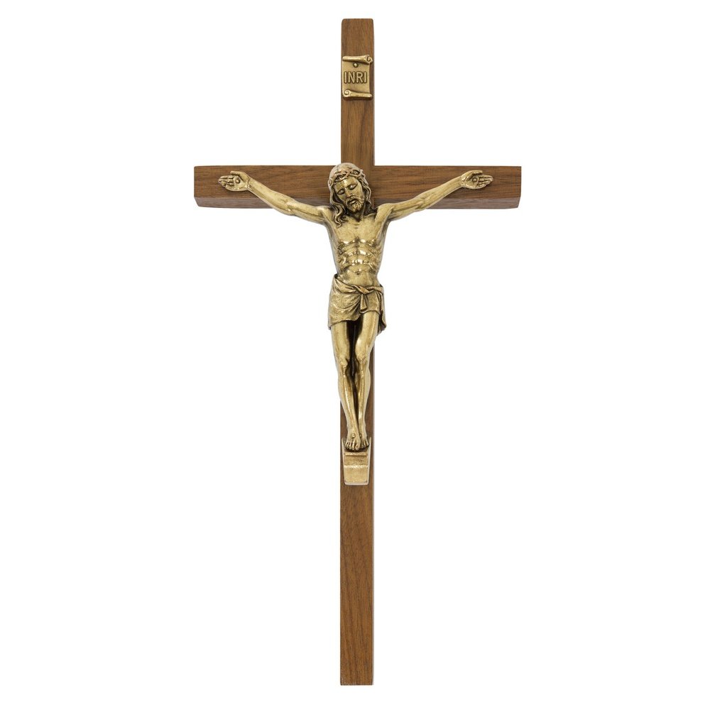 Walnut Wood & Brass Crucifix - 10"