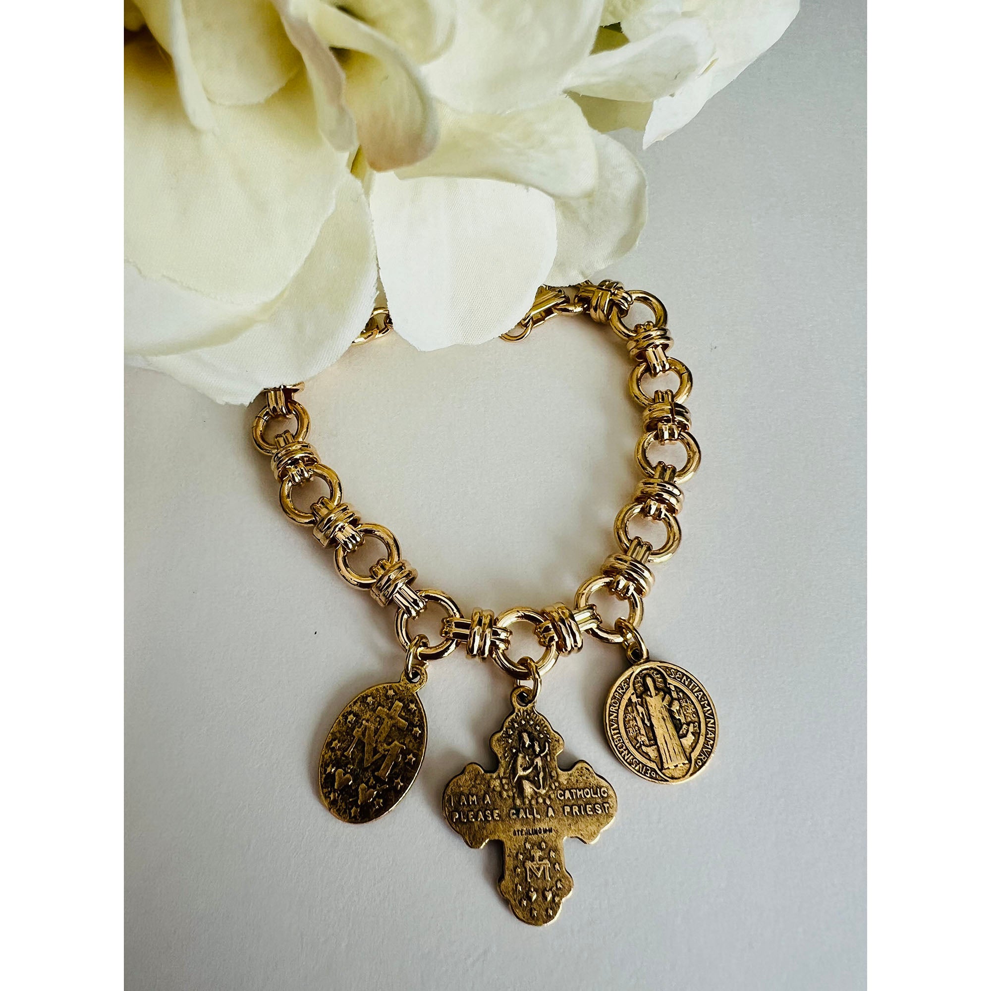 Gold Catholic Chunky Charm Bracelet