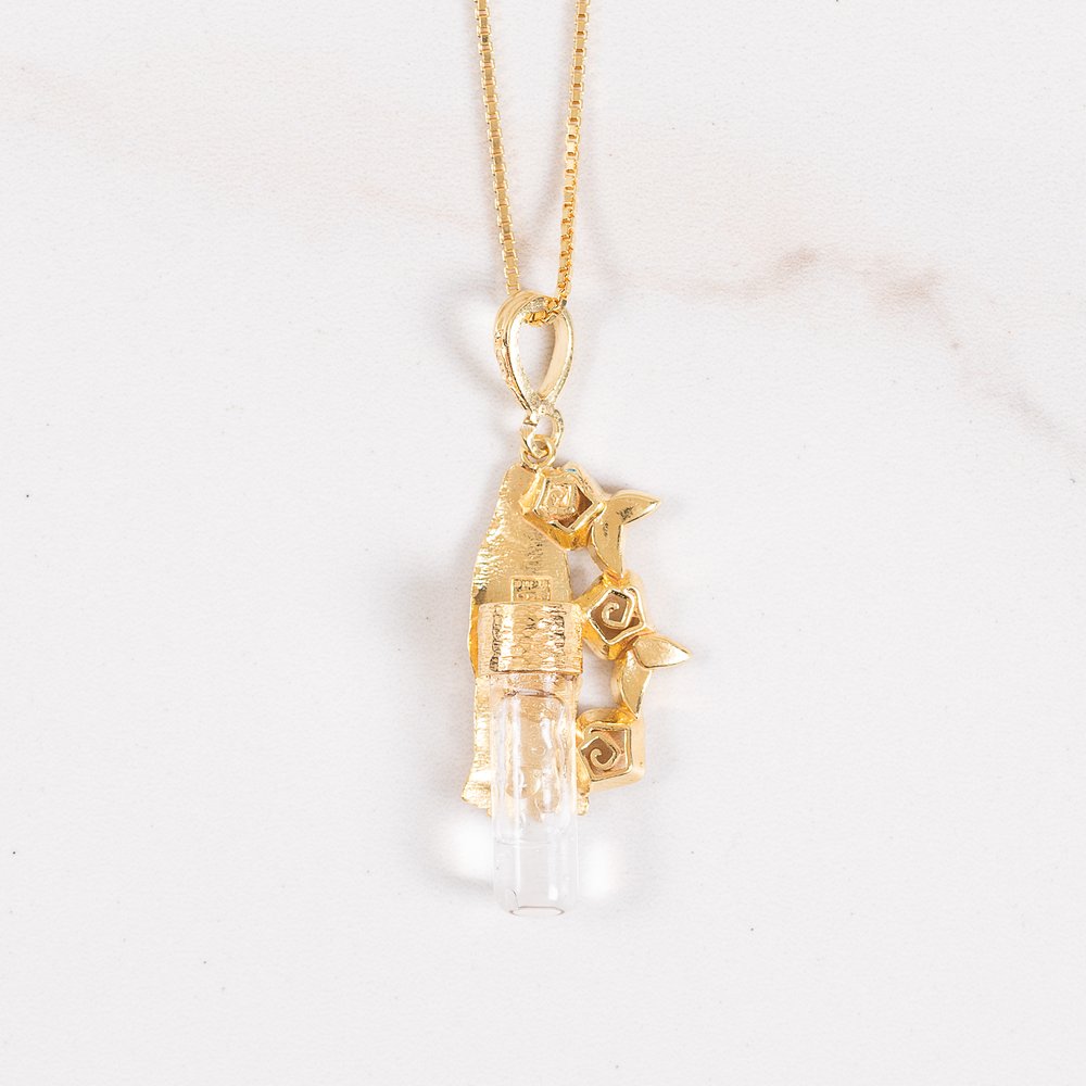 Gold Over Sterling Silver Our Lady of Lourdes Rose Necklace with Lourdes Water