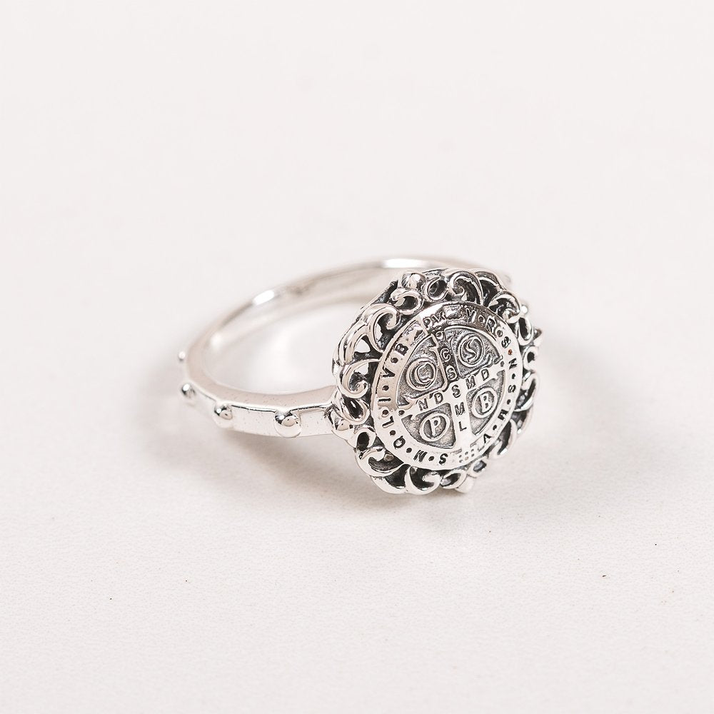 Sterling Silver St. Benedict Filigree Rosary Ring