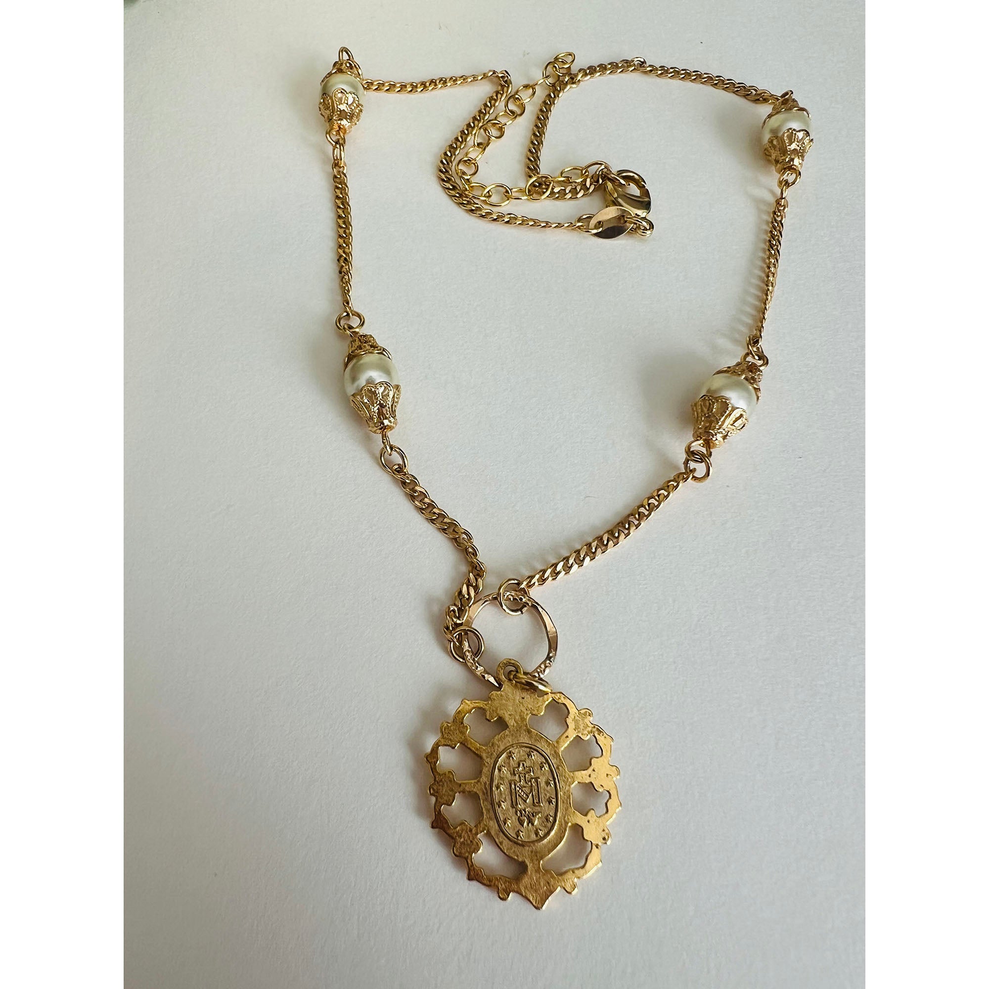 Gold & Pearl 7 Sorrows Miraculous Medal Necklace