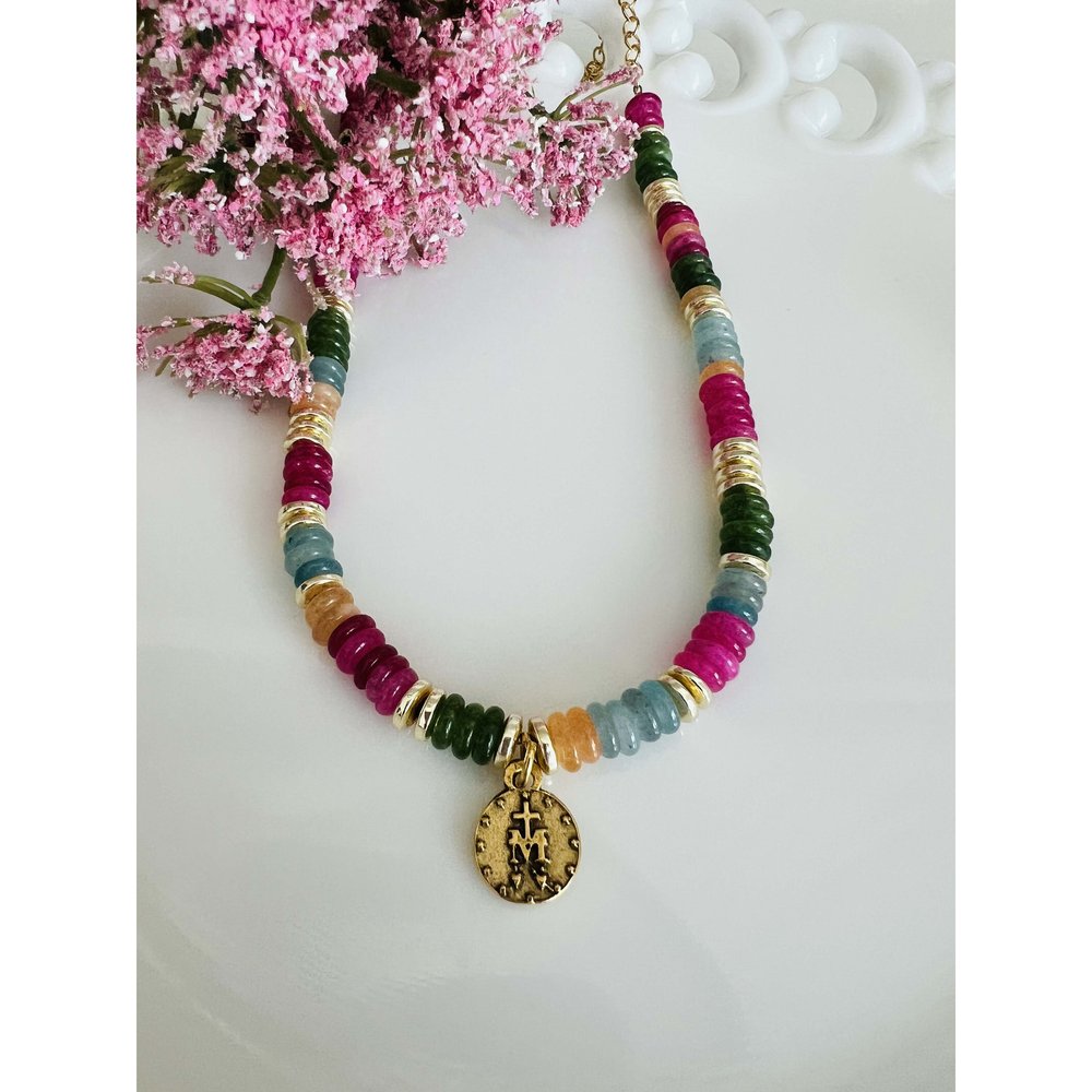 Miraculous Mary Necklace with Colorful Rondelle Gemstones