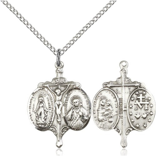 Sterling Silver 3-Way Crucifix, Scapular & Miraculous Medal Necklace - 18"