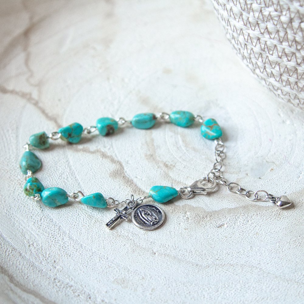 Sterling & Turquoise Nugget Our Lady of Guadalupe Rosary Bracelet