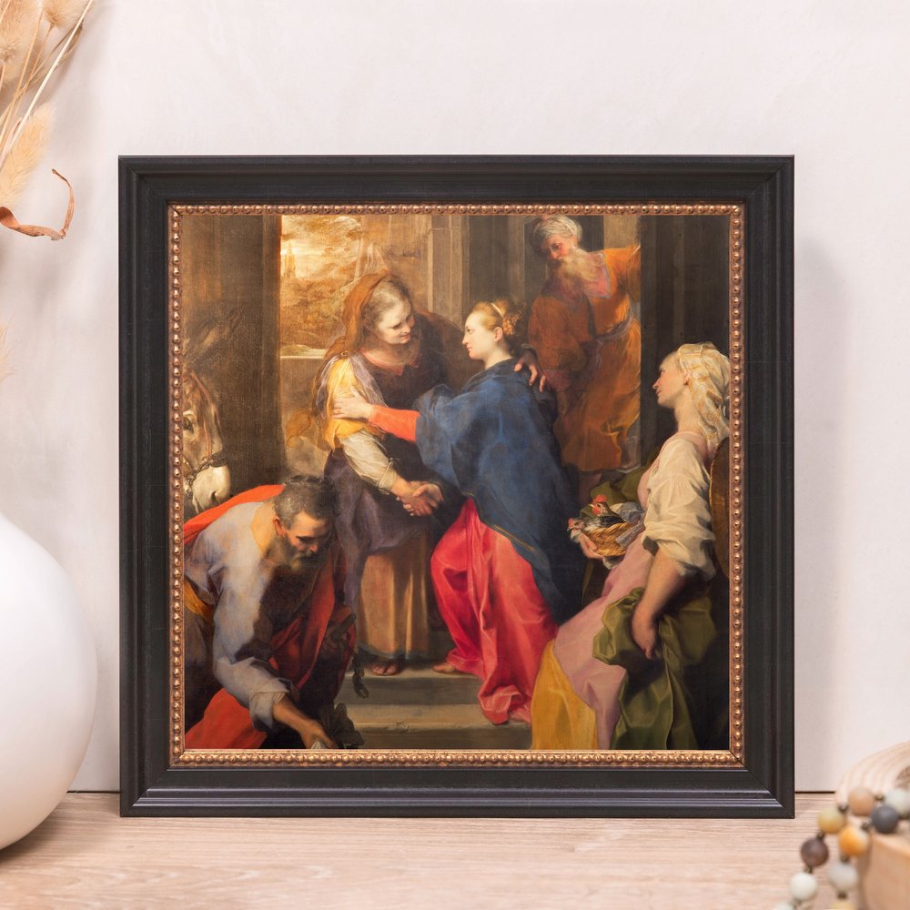 Framed print. Renaissance-style oil painting with several figures, in a dark wooden frame.