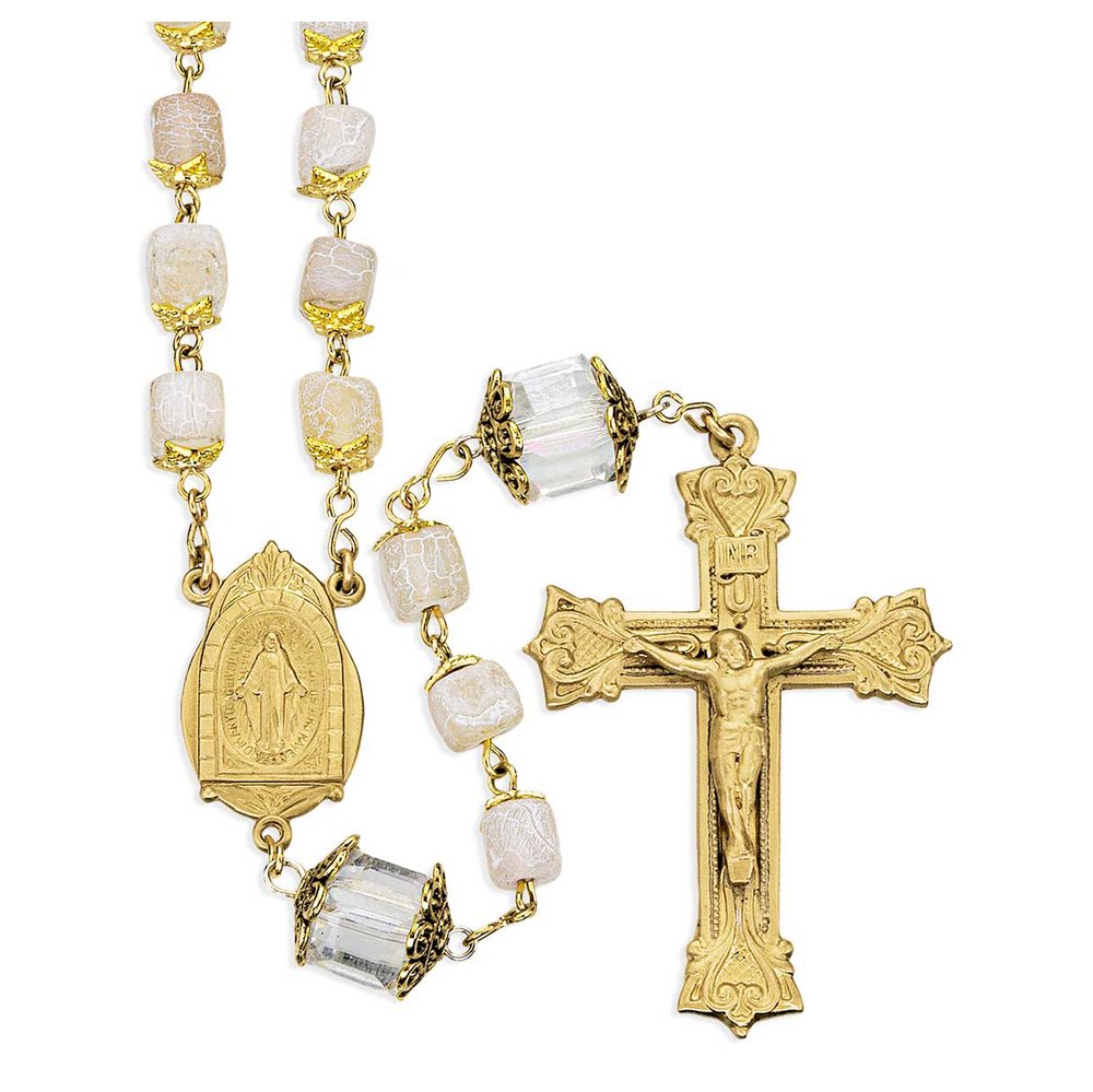 Mauve Art Deco Crackle Glass & Crystal Miraculous Medal Rosary