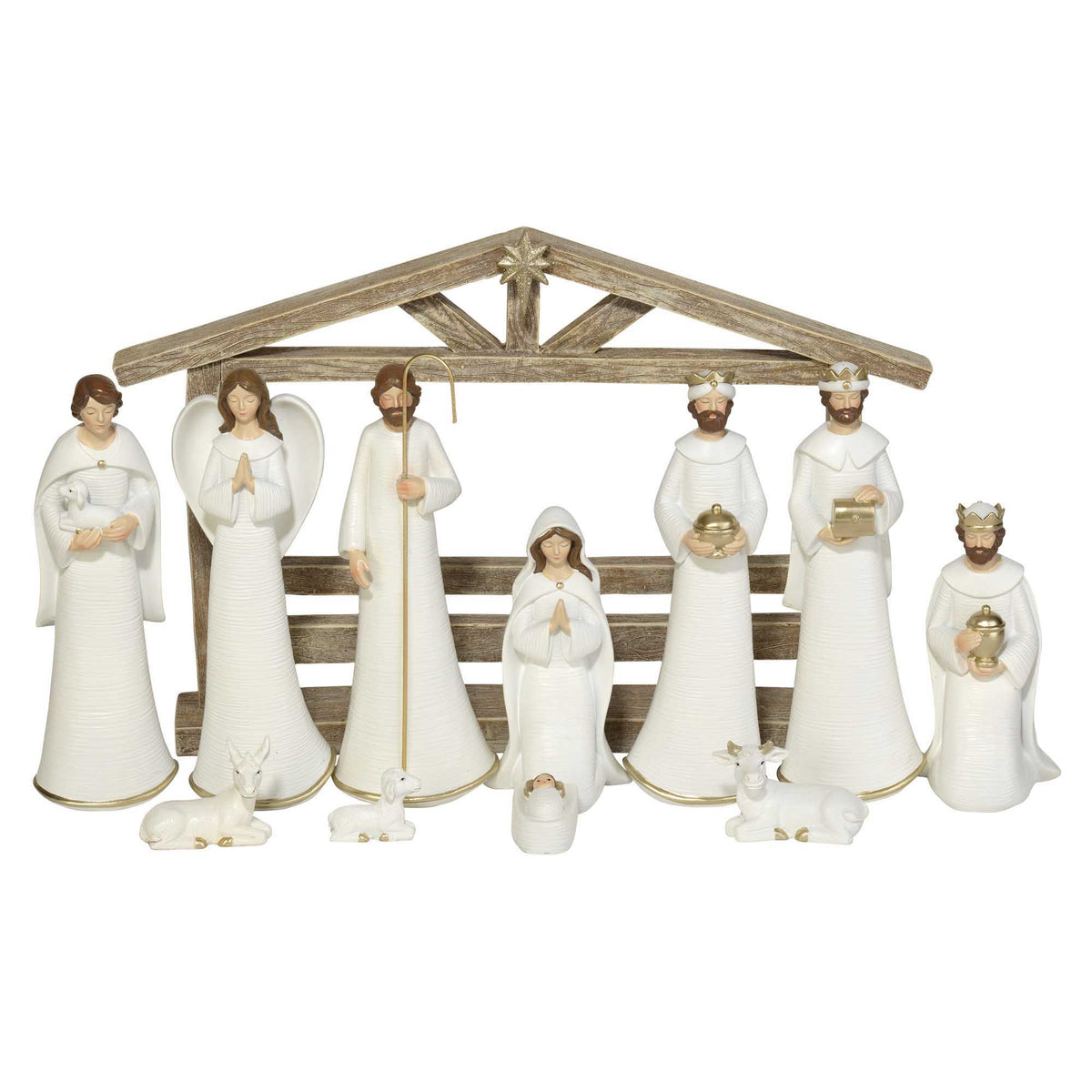 White & Gold Nativity Set with Rustic Creche – 11 Pieces