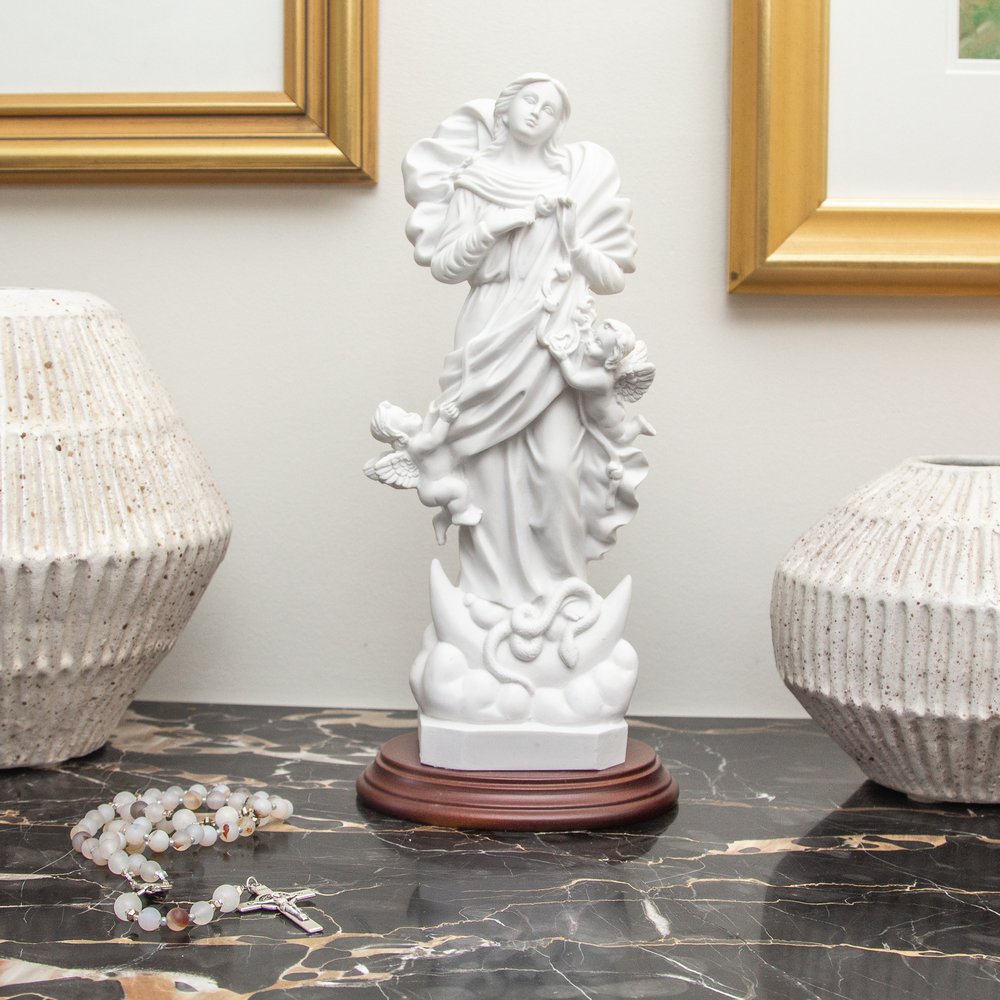 White Mary Undoer of Knots Statue on Wood Base - 13"