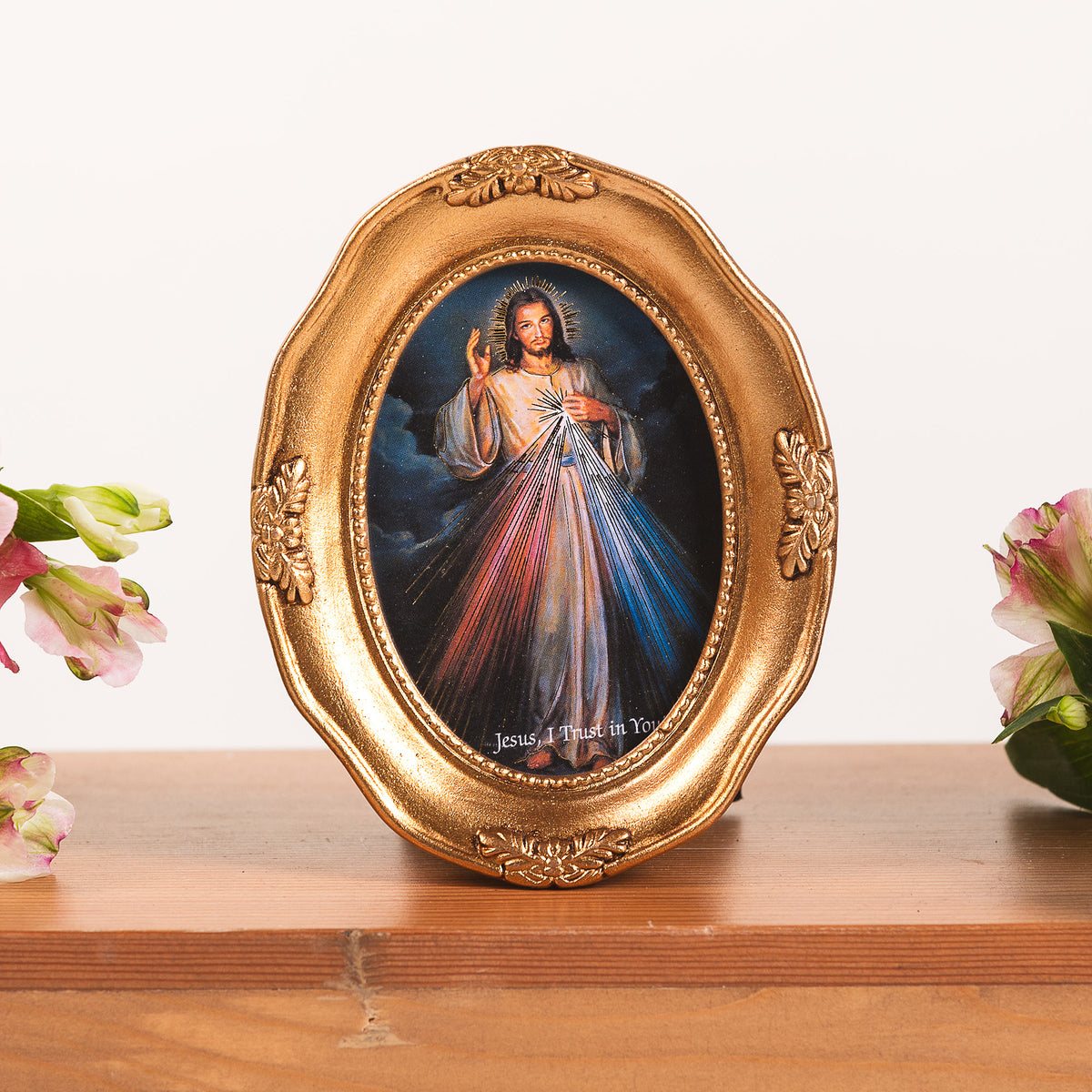 Small Divine Mercy Print in Gold Oval Frame | The Catholic Company®