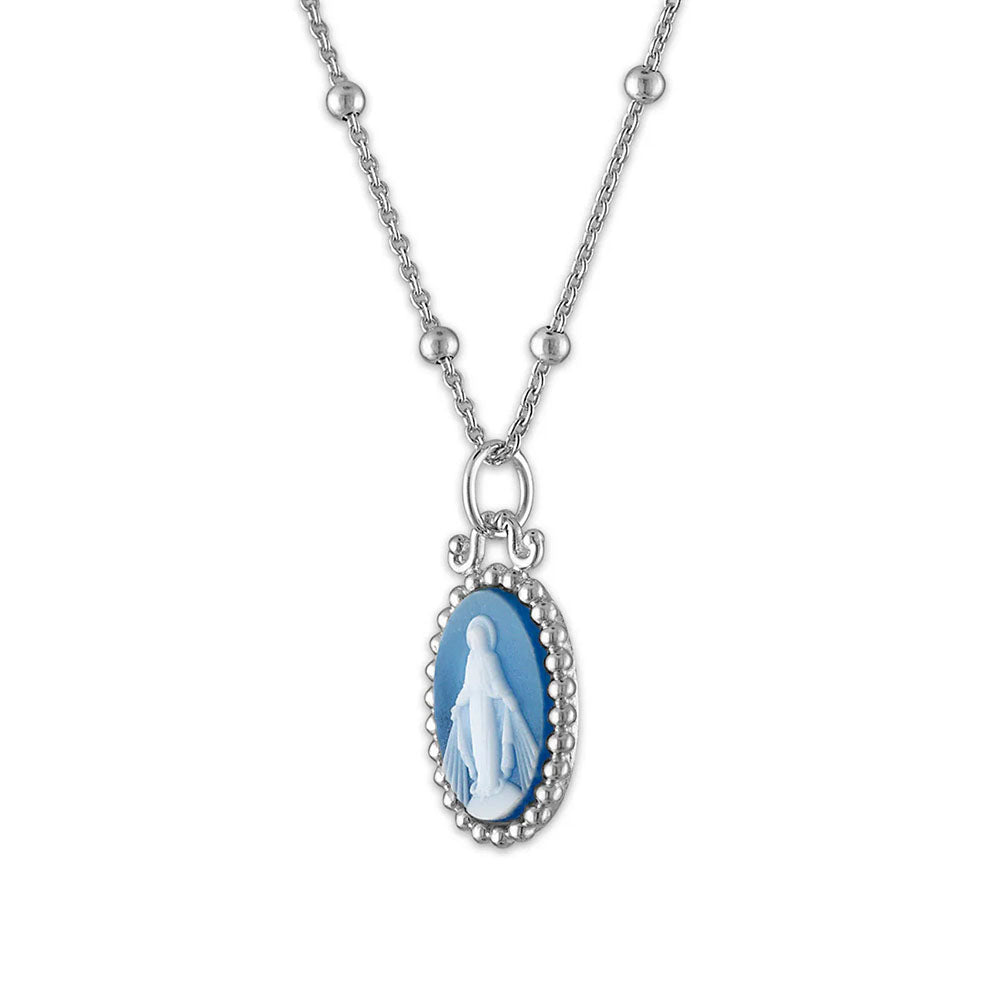 Necklace with blue cameo of Virgin Mary on a beaded silver chain.