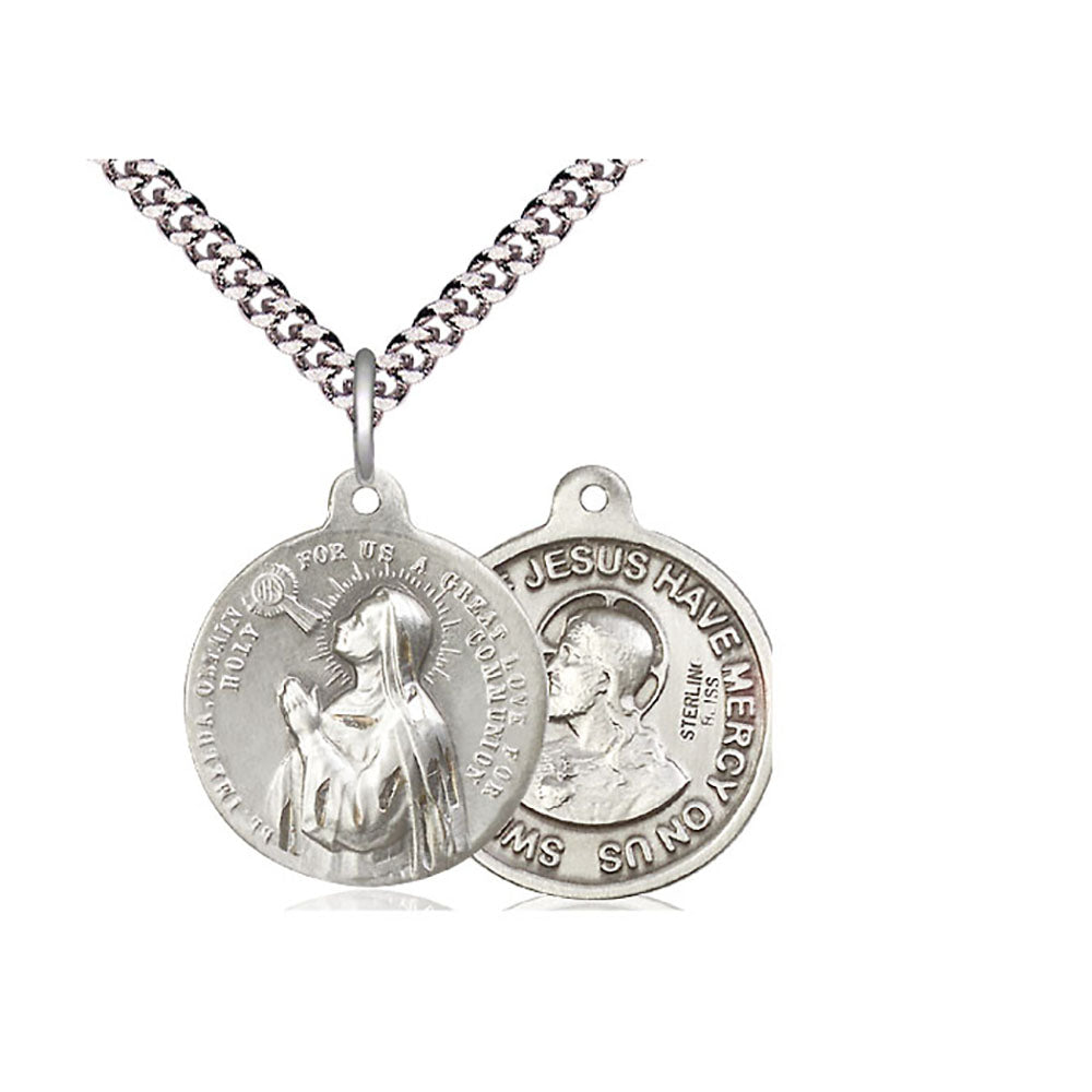 Religious pendant necklace with silver chain and medallions featuring Jesus and Mary.