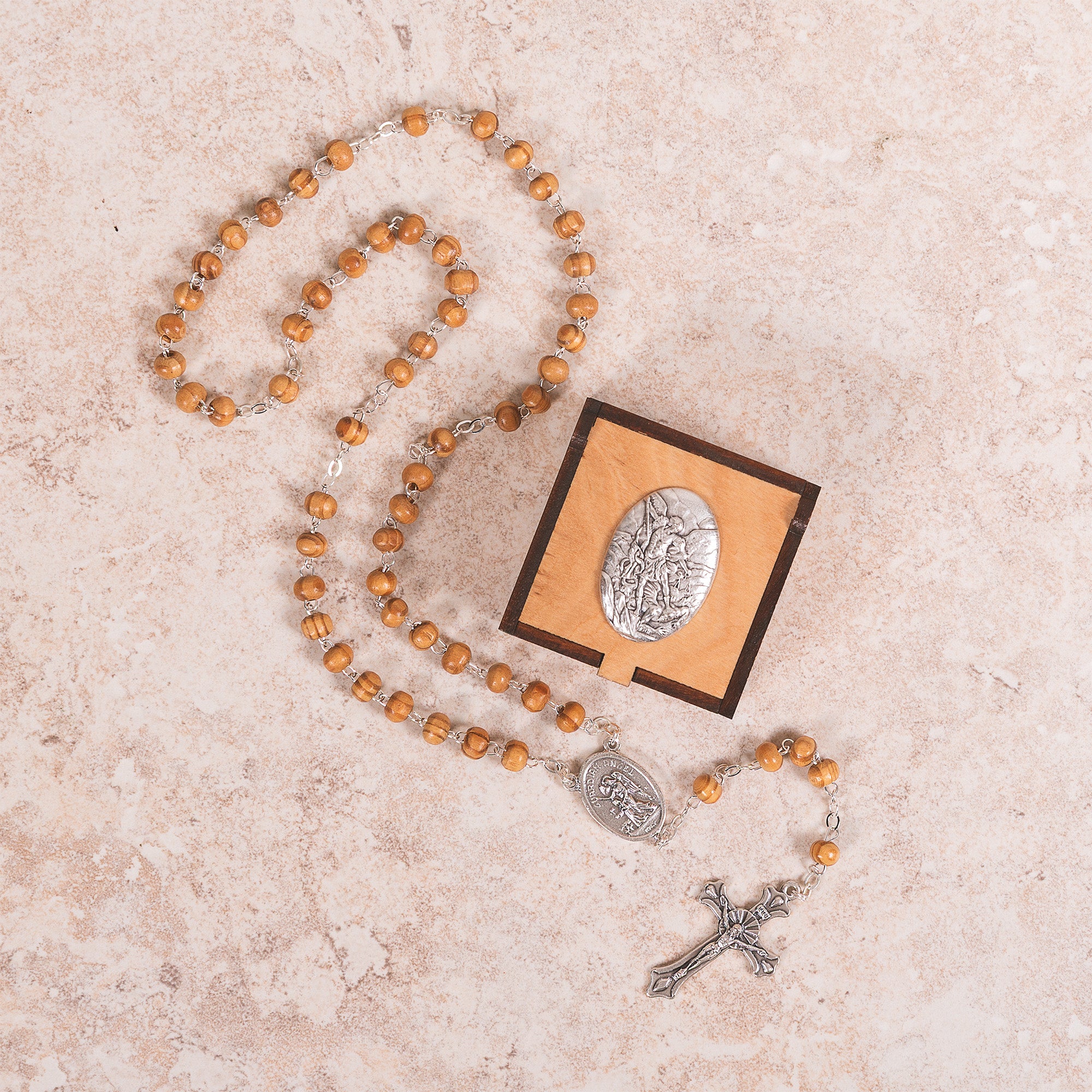 Italian Wood Rosary & St. Michael/Guardian Angel Rosary Box