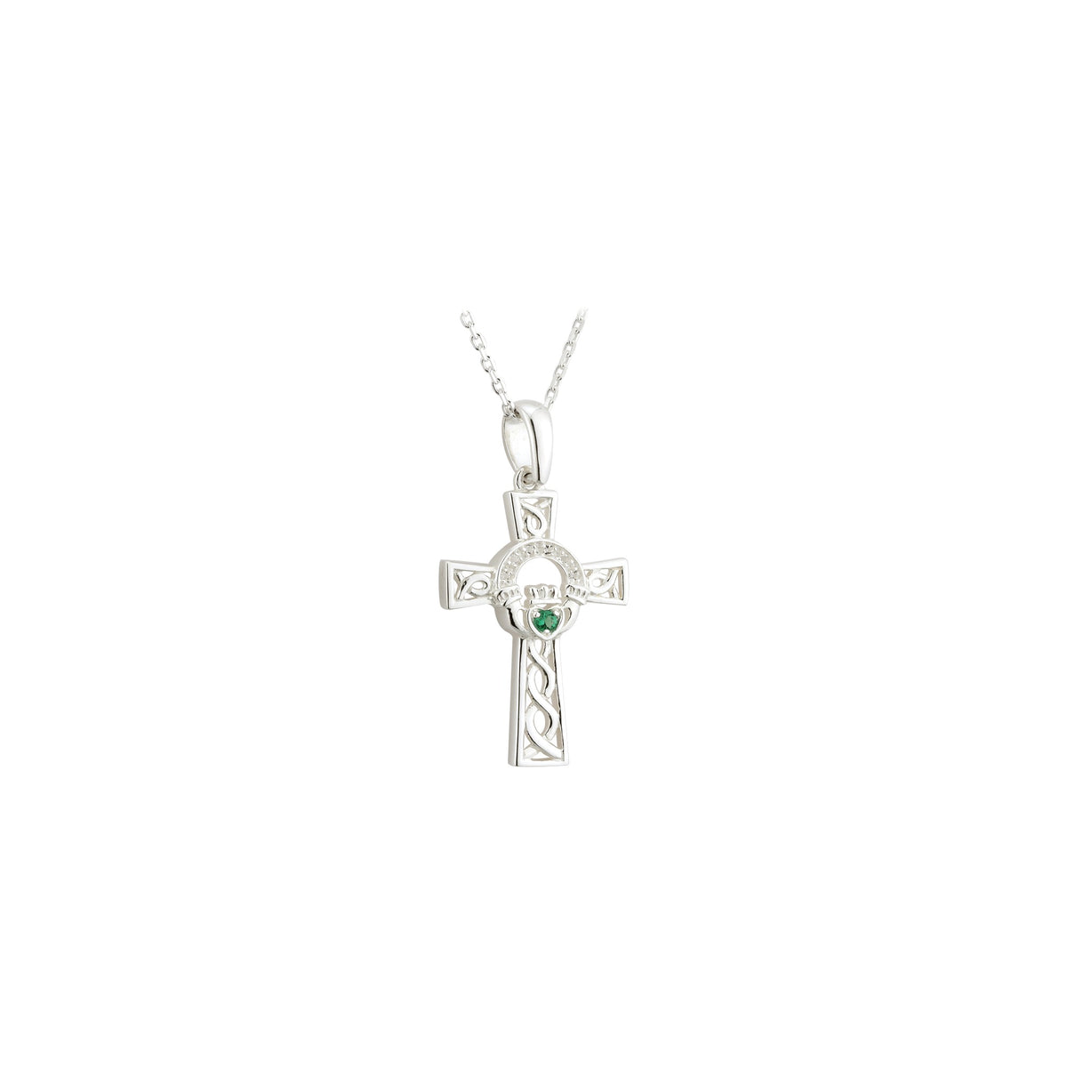 Sterling Silver Green Crystal Claddagh Cross