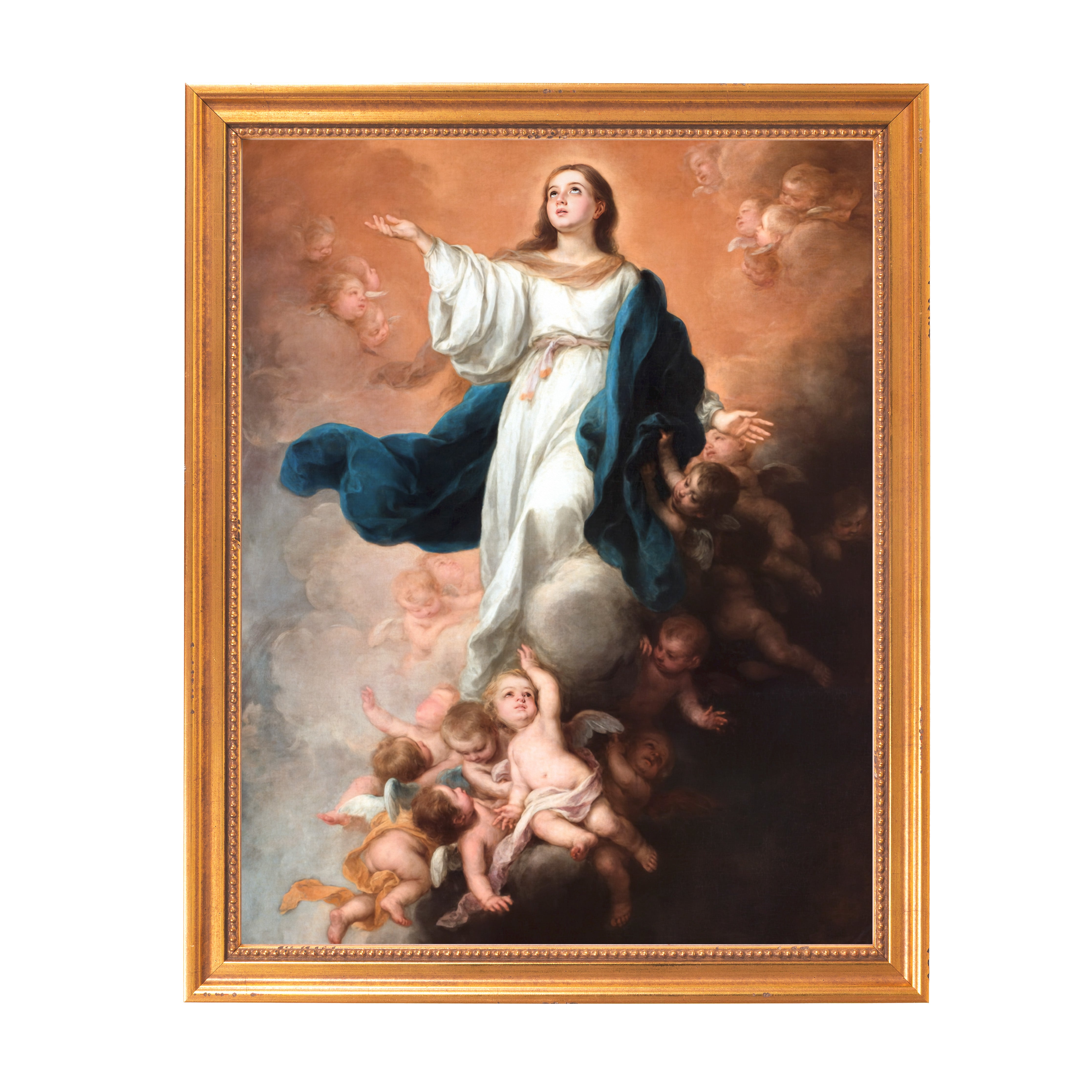 Framed oil painting of the Virgin Mary surrounded by angels, gold frame.