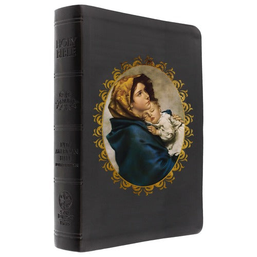 Holy Bible with a black cover, embossed spine, and a central image of Mary holding the baby Jesus surrounded by a gold frame.