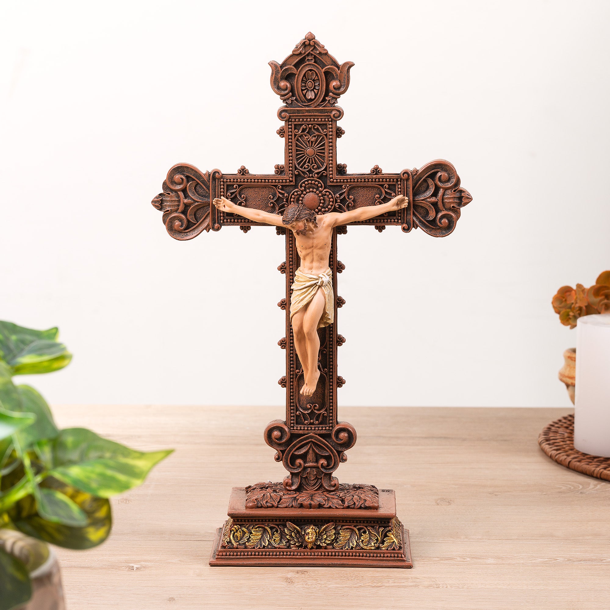 Ornate Bronze Style Standing Crucifix