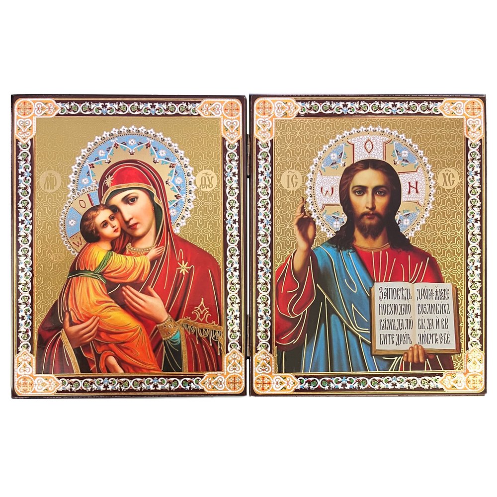 Virgin of Vladimir & Christ the Teacher Icon Diptych - 3" x 2"