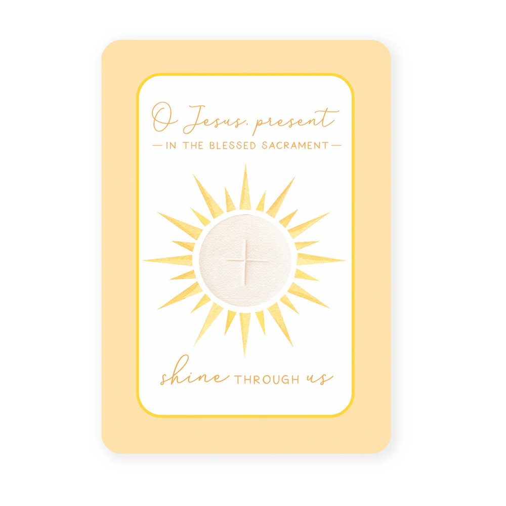 Catholic prayer card with Blessed Sacrament illustration on white background with yellow border.