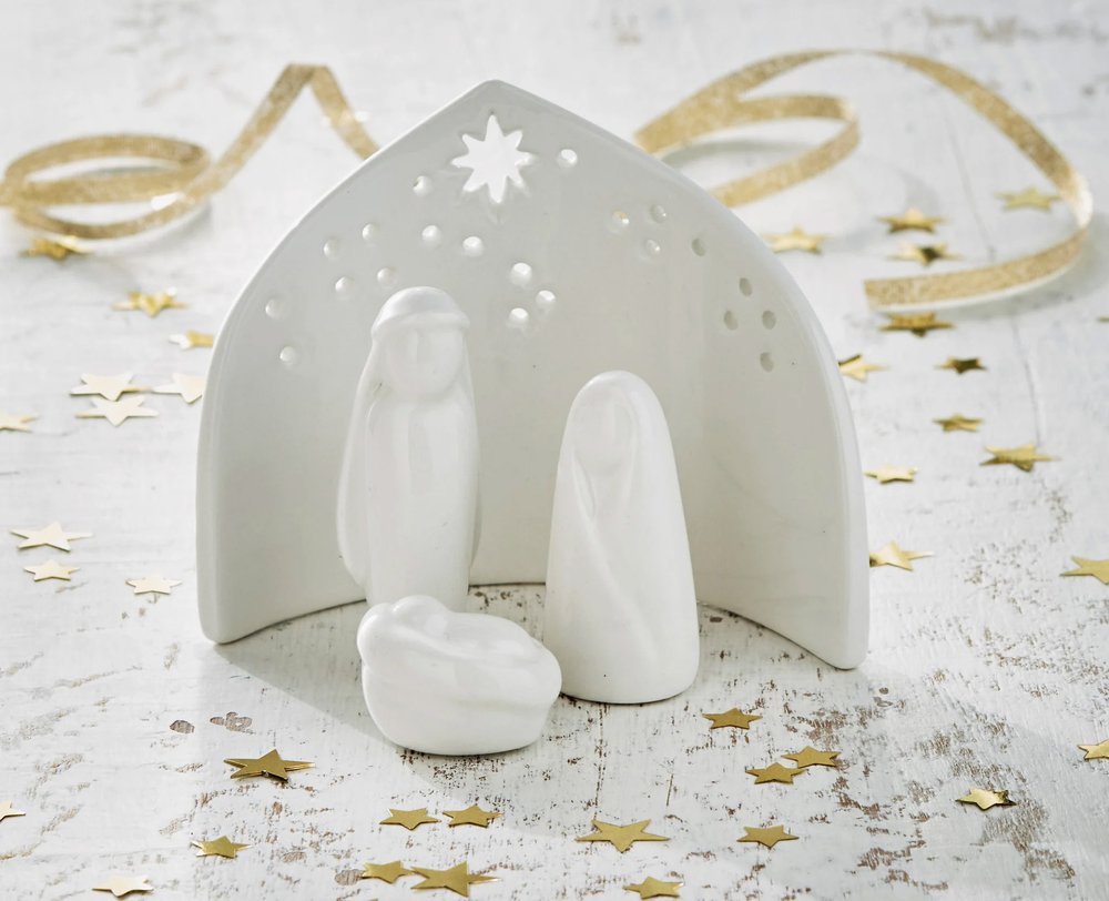 Serene Light Ceramic Nativity Set - 4 Pieces