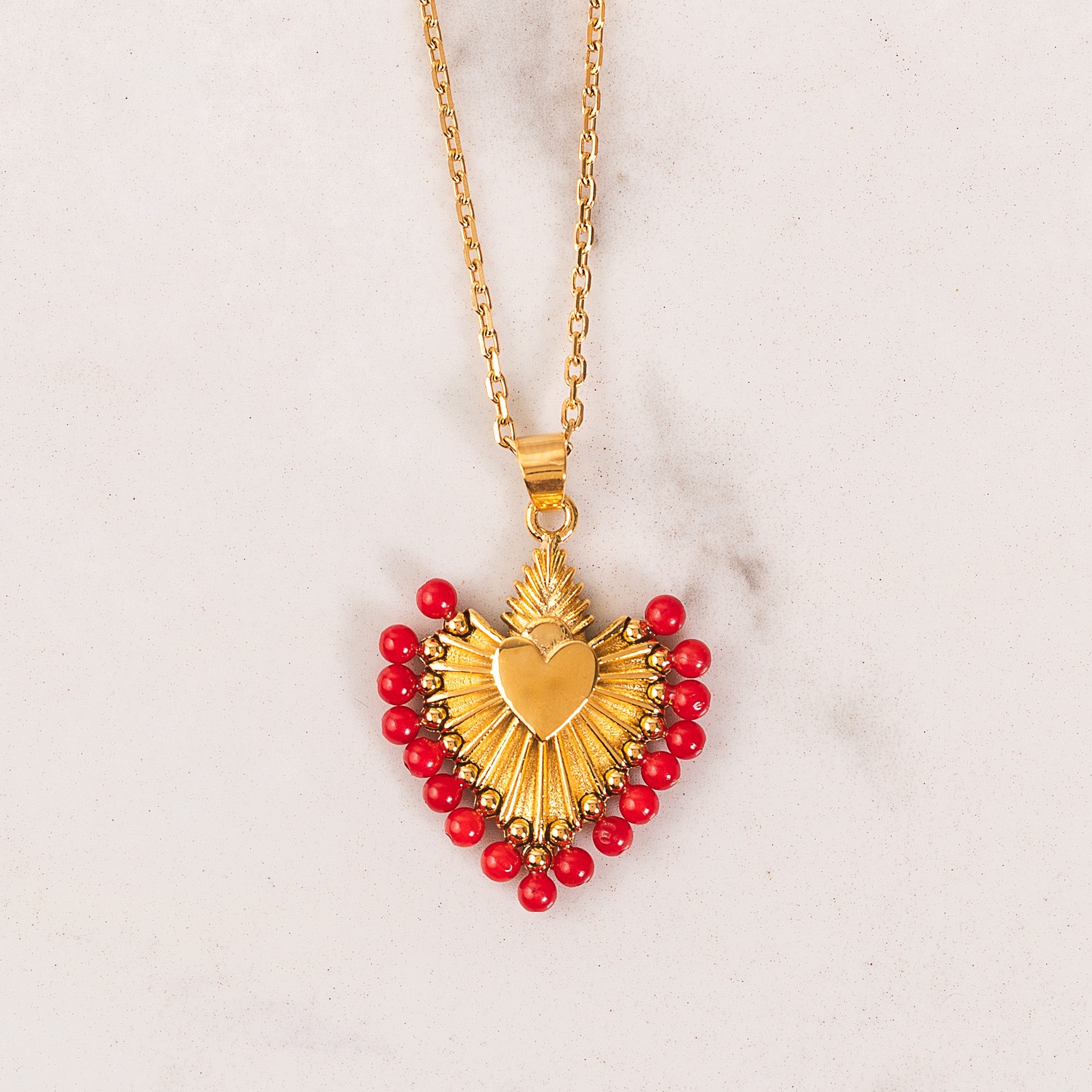 Coral Gemstone Sacred Heart Necklace