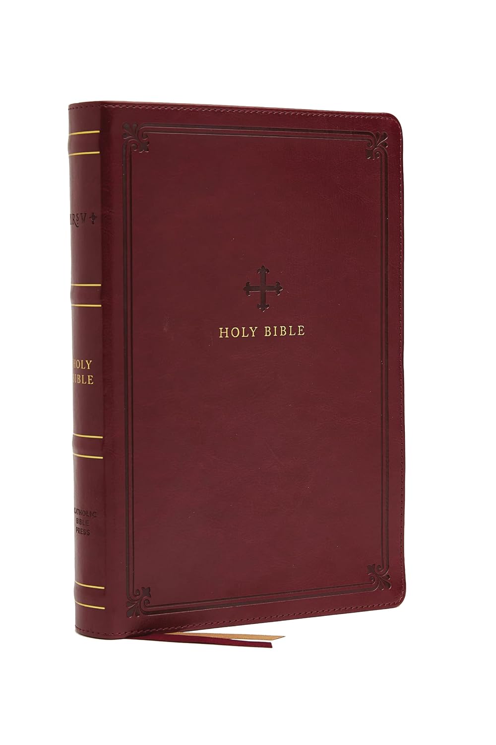Burgundy, leather-bound Holy Bible with gold lettering and ribbon bookmarks.