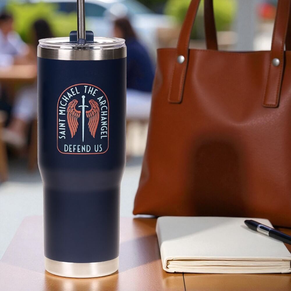 Personalized St. Michael Sword & Shield Tumbler with Straw