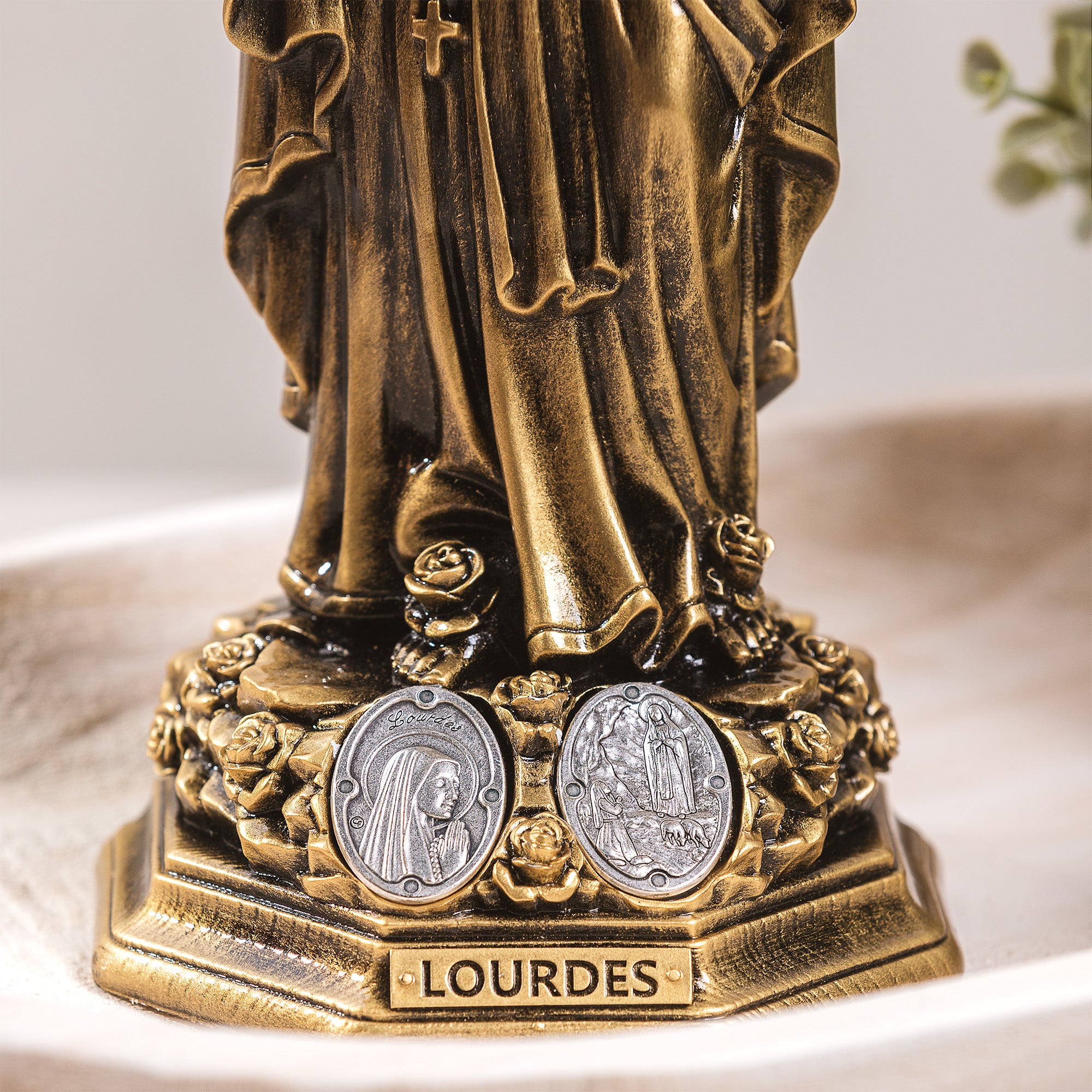 Painted Bronze Lourdes Statue with Medals - 11.8"