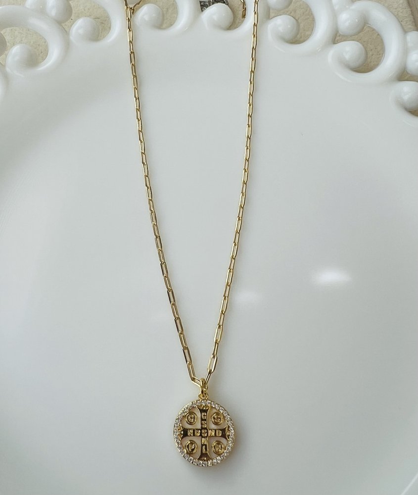 Gold & Crystal St. Benedict Medal Paperclip Chain Necklace