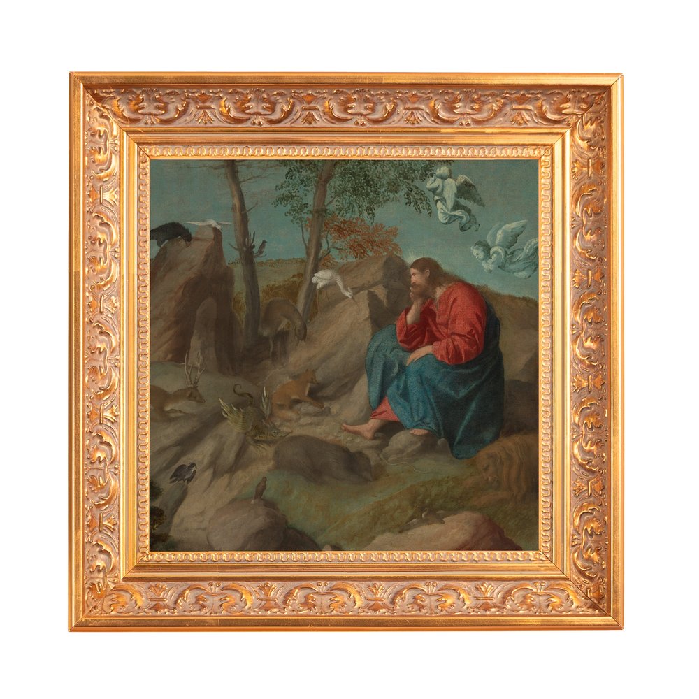 Framed antique art depicts Jesus in the wilderness surrounded by animals, painted style, with a heavily-carved ornate gold frame.