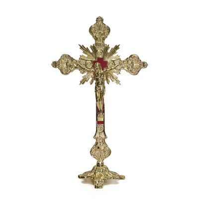 Baroque Gold Standing Crucifix with Red Inlay - 8"