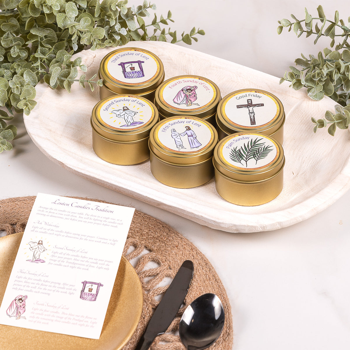 Lenten Candles Tradition - Set of 6 Gold Tins | The Catholic Company®