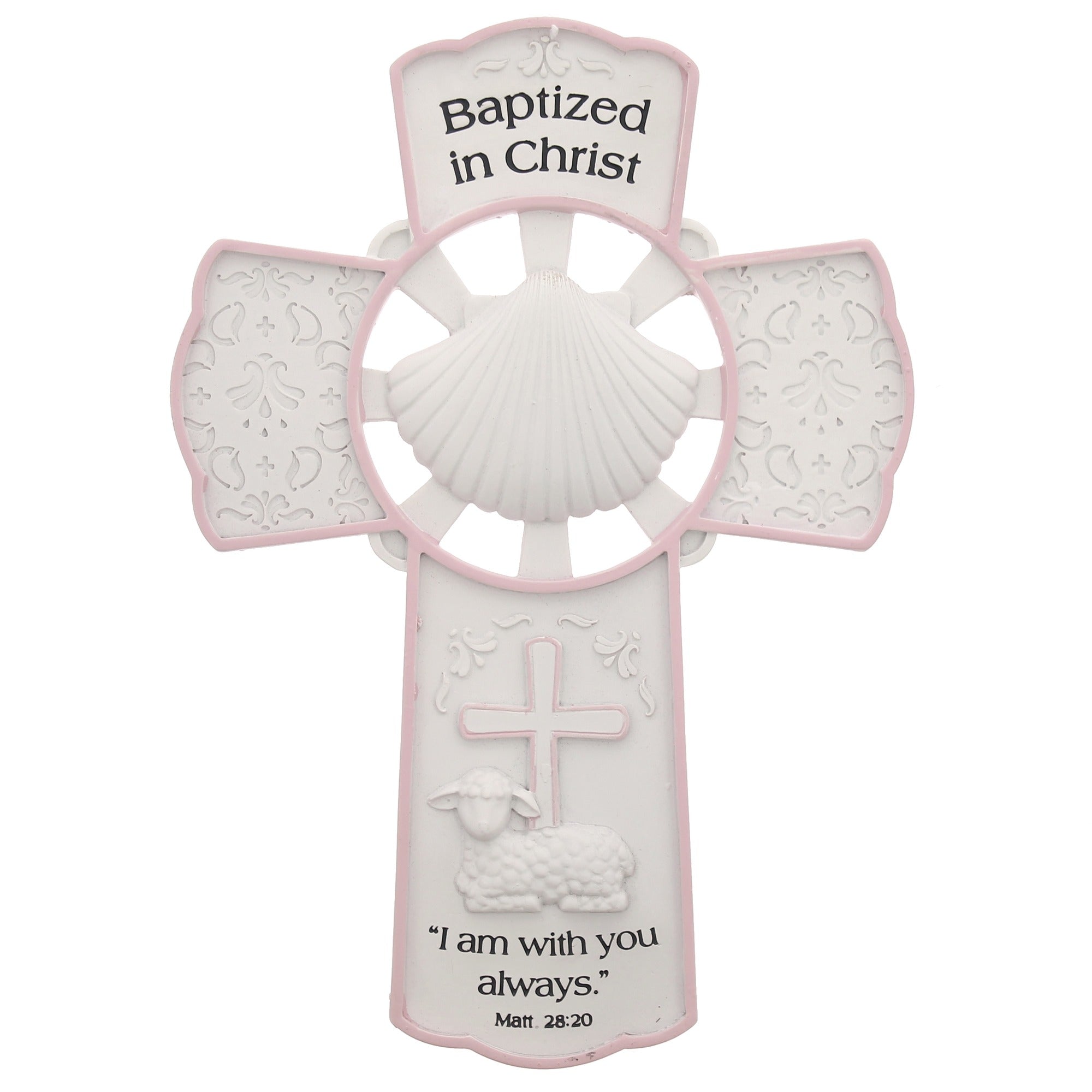 Baptismal cross ornament with a seashell, lamb, and biblical quote, white with pink trim.