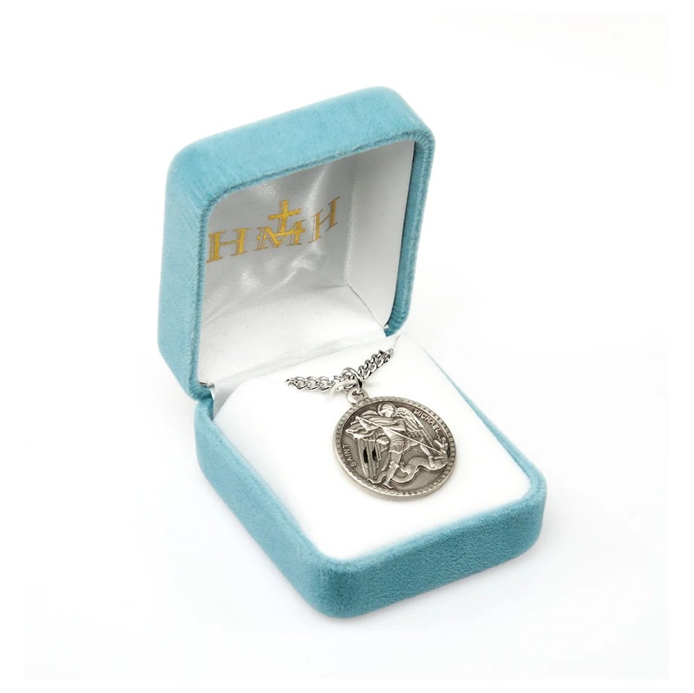 Sterling Silver St. Michael Medal Necklace with Beaded Border